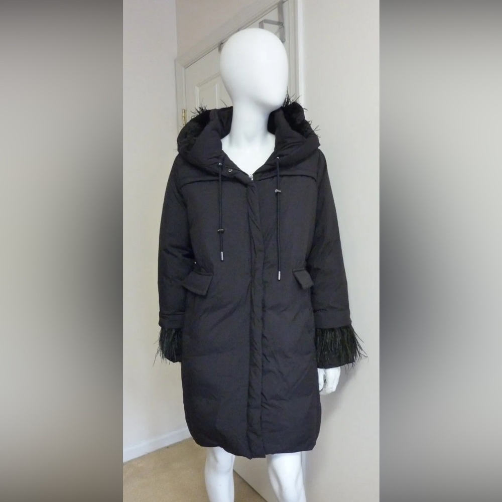 Kobi Halperin Hayden Feather Trim Hooded Puffer Coat in Black /Black